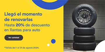 Anuncio: Llegó el momento de renovarlas. Hasta 20% de descuento en llantas para auto. Promoción válida del 1 al 31 de agosto 2024. Pulsa aquí para conocer la variedad.