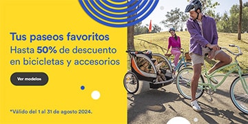 Anuncio: Tus paseos favoritos. Hasta 50% de descuento en bicicletas y accesorios. Promoción válida del 1 al 31 de agosto 2024. Pulsa aquí para conocer modelos.