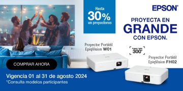 Epson. Hasta 30% de descuento en proyectores. Proyecta en grande con Epson. Modelos portátiles EpiqVision W01 y EpiqVision FH02. Promoción válida del 1 al 31 de agosto 2024. Pulsa aquí para aprovechar.