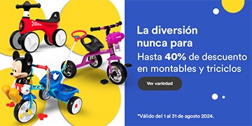 Anuncio: La diversión nunca para. Hasta 40% de descuento en montables y triciclos. Promoción válida del 1 al 31 de agosto 2024. Pulsa aquí para conocer la variedad.