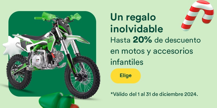 Un regalo inolvidable. Hasta 20 por ciento de descuento en motos y accesorios infantiles. Válido del 1 al 31 de diciembre 2024. Pulsa aquí para estrenar.