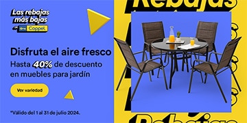 Anuncio: Disfruta el aire fresco. Hasta 40% de descuento en muebles para jardín. Promoción válida del 1 al 31 de julio 2024. Pulsa aquí para conocer la variedad.