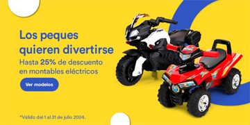 Anuncio: Los peques quieren divertirse. Hasta 25% de descuento en montables eléctricos. Promoción válida del 1 al 31 de julio 2024. Pulsa aquí para descubrir modelos.