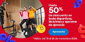 Hasta 50 por ciento de descuento en looks deportivos y aparatos de ejercicio. Nike, Adidas, Puma, Vans, Lacoste, Reebok. Válido del 19 al 24 de noviembre 2024. Pulsa aquí para aprovechar.