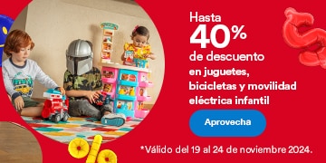 Hasta 40 por ciento de descuento en juguetes, bicicletas y movilidad eléctrica infantil. Válido del 19 al 24 de noviembre 2024. Pulsa aquí para aprovechar.