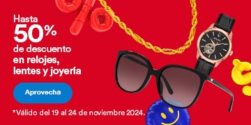 Hasta 50 por ciento de descuento en relojes, lentes y joyería. Válido del 19 al 24 de noviembre 2024. Pulsa aquí para aprovechar.