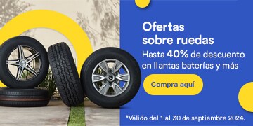 Ofertas sobre ruedas. Hasta 40 por ciento de descuento en llantas, baterías y más. Válido del 1 al 30 de septiembre 2024. Pulsa aquí para comprar.