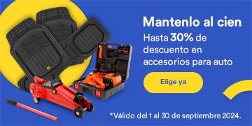 Mantenlo al cien. Hasta 30% de descuento en accesorios para auto. Pulsa aquí para elegir ya. Válido del 1 al 30 de septiembre 2024.