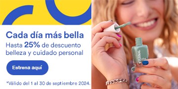 Cada día más bella. Hasta 25% de descuento en belleza y cuidado personal. Pulsa para estrenar aquí. Válido del 1 al 30 de septiembre 2024.