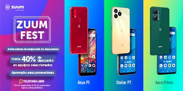 Zuum Fest. Adelantamos la temporada de descuentos. Hasta 40 por ciento de descuento en equipos seleccionados. Aprovecha estas promociones. Telefonía libre. Akus P1. Stellar P7. Aura Prime. Válido del 1 al 30 de septiembre 2024. Sujeto a disponibilidad. Pulsa aquí para conocer más.