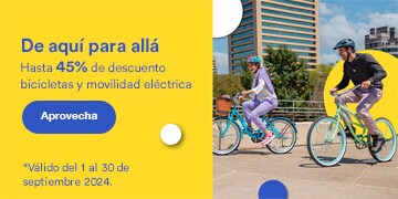 De aquí para allá. Hasta 45% de descuento en bicicletas y movilidad eléctrica. Pulsa aquí para aprovechar ya. Válido del 1 al 30 de septiembre 2024.