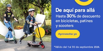 De aquí para allá. Hasta 30% de descuento en bicicletas, patines y scooters. Pulsa aquí para aprovechar ya. Válido del 1 al 30 de septiembre 2024.