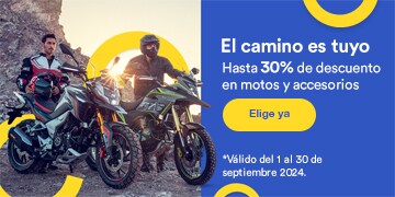 El camino es tuyo. Hasta 30% de descuento en motos y accesorios. Pulsa aquí para elegir ya. Válido del 1 al 30 de septiembre 2024