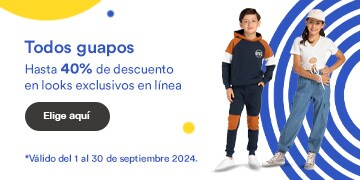 Todos guapos. Hasta 40% de descuento en looks exclusivos en línea. Pulsa para elegir aquí. Válido del 1 al 30 de septiembre de 2024.