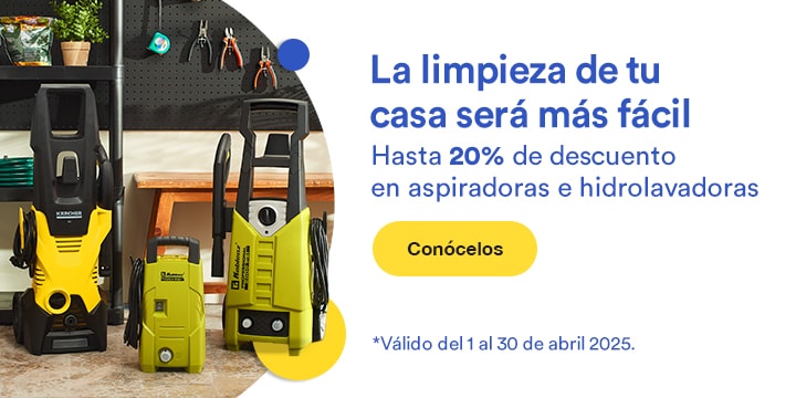 Anuncio: La limpieza de tu casa será más fácil. Hasta 20% de descuento en aspiradoras e hidrolavadoras. Promoción válida del 1 al 30 de abril 2025. Pulsa aquí para equiparte.
