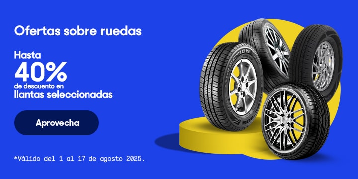 Ofertas sobre ruedas. Hasta 40 por ciento de descuento en llantas seleccionadas. Válido del 1 al 31 de agosto 2025. Pulsa aquí para elegir.