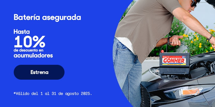 Batería asegurada. Hasta 10 por ciento de descuento en acumuladores. Válido del 1 al 31 de agosto 2025. Pulsa aquí para elegir.