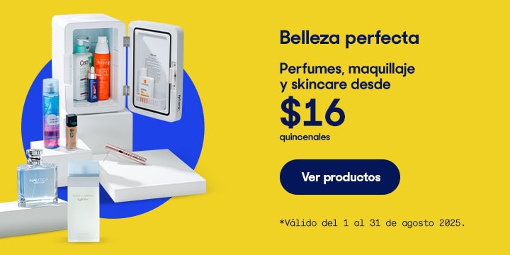 Anuncio: Belleza perfecta. Perfumes, maquillaje y cuidado de la piel desde 16 pesos quincenales. Válido del 1 al 31 de agosto 2025. Pulsa aquí para elegir.