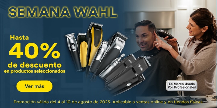 Semana Wahl. Hasta 40 por ciento de descuento en productos seleccionados. Promoción válida del 4 al 10 de agosto de 2025. Apllicable a ventas en línea y en tiendas físicas. Pulsa aquí para ver más.