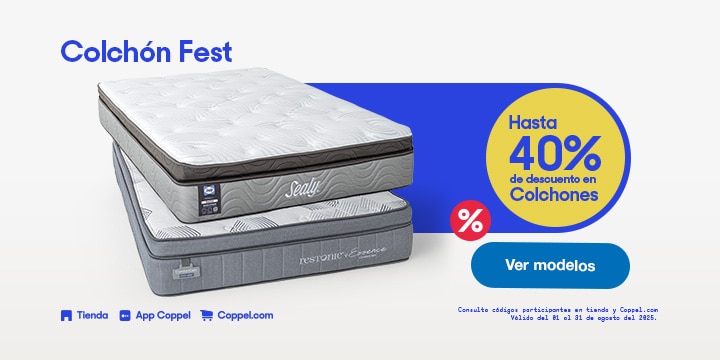 Colchón Fest. Hasta 40 por ciento de descuento en colchones. Consulta códigos participantes en tienda y Coppel.com. Válido del 1 al 31 de agosto de 2025. Pulsa aquí para elegir.