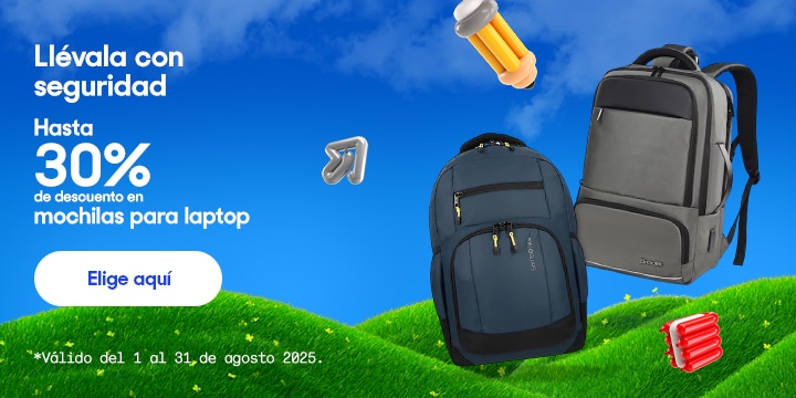 Anuncio: Llévala con seguridad. Hasta 30 por ciento de descuento en mochilas para laptop. Válido del 1 al 31 de agosto 2025. Pulsa aquí para elegir.
