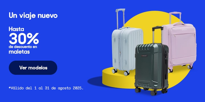 Anuncio: Un viaje nuevo. Hasta 30 por ciento de descuento en maletas. Válido del 1 al 31 de agosto 2025. Pulsa aquí para elegir.