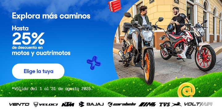 Explora más caminos. Hasta 25 por ciento de descuento en motos y cuatrimotos. Válido del 1 al 31 de agosto 2025. Pulsa aquí para elegir.