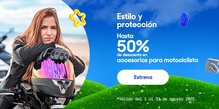 Estilo y protección. Hasta 50 por ciento de descuento en accesorios para motociclista. Válido del 1 al 31 de agosto 2025. Pulsa aquí para elegir.