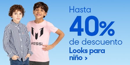 Hasta 40 por ciento de descuento en looks para niño. Válido del 1 al 31 de agosto 2025. Pulsa aquí para elegir.