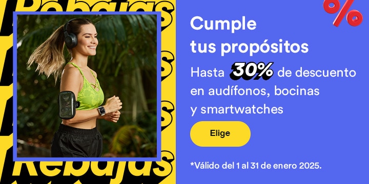 Cumple tus propósitos. Hasta 30 por ciento de descuento en audífonos, bocinas y smartwatches. Válido del 1 al 31 de enero 2025. Pulsa aquí para elegir.