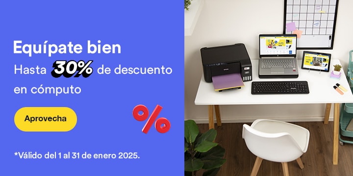 Equípate bien. Hasta 30 por ciento de descuento en cómputo. Válido del 1 al 31 de enero 2025. Pulsa aquí para aprovechar.