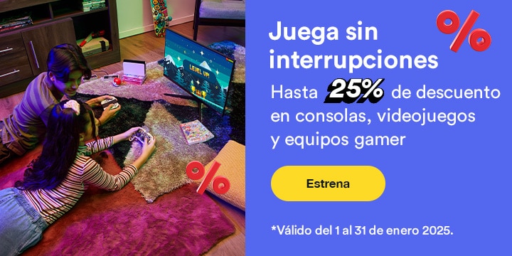 Juega sin interrupciones. Hasta 25 por ciento de descuento en consolas, videojuegos y equipos gamer. Válido del 1 al 31 de enero 2025. Pulsa aquí para estrenar.