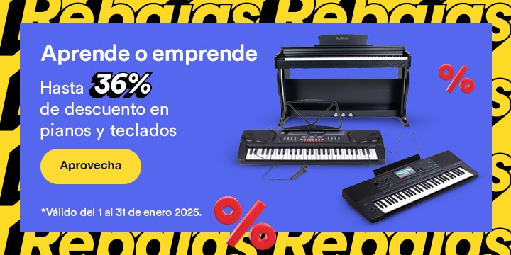 Aprende o emprende. Hasta 36 por ciento de descuento en pianos y teclados. Válido del 1 al 31 de enero 2025. Pulsa aquí para elegir.