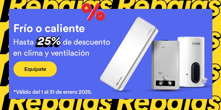 Frío o caliente. Hasta 25 por ciento de descuento en clima y ventilación. Válido del 1 al 31 de enero 2025. Pulsa aquí para equiparte.