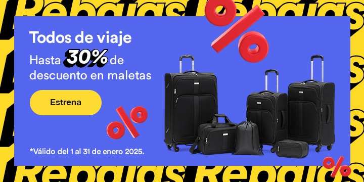 Todos de viaje. Hasta 30 por ciento de descuento en maletas. Válido del 1 al 31 de enero 2025. Pulsa aquí para estrenar.