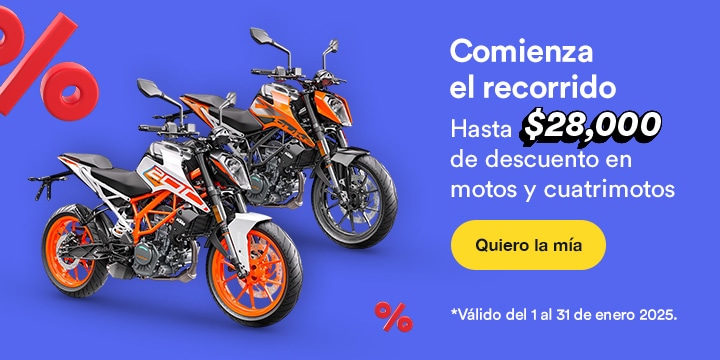 Comienza el recorrido. Hasta 28 mil pesos de descuento en motos y cuatrimotos. Válido del 1 al 31 de enero 2025. Pulsa aquí para comprar.