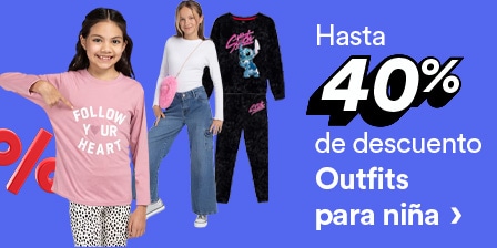 Hasta 40 por ciento de descuento en outfits para niña. Pulsa aquí para elegir.