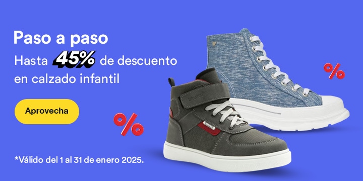 Paso a paso. Hasta 45 por ciento de descuento en calzado infantil. Válido del 1 al 31 de enero 2025. Pulsa aquí para aprovechar.