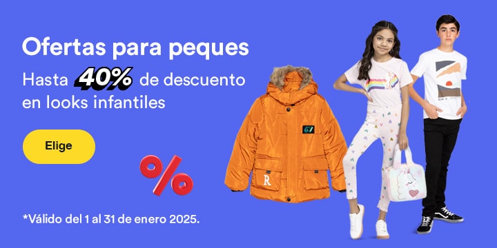 Ofertas para peques. Hasta 40 por ciento de descuento en todo para tu bebé. Válido del 1 al 31 de enero 2025. Pulsa aquí para elegir.