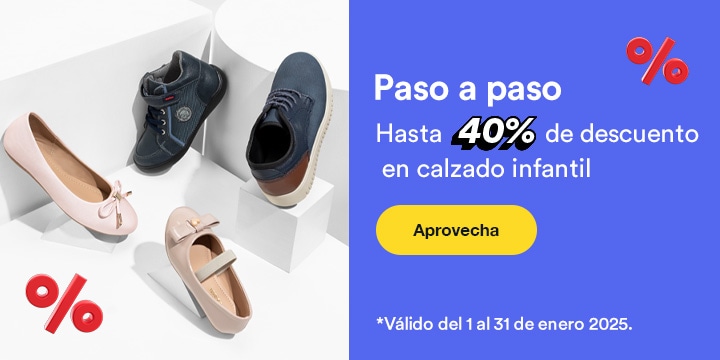 Paso a paso. Hasta 40 por ciento de descuento en calzado infantil. Válido del 1 al 31 de enero 2025. Pulsa aquí para aprovechar.