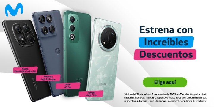 Movistar. Estrena con increíbles descuentos. Xiaomi Redmi Note 14 Pro 5G. Motorola Edge 60 Fusion. OPPO A5 Pro. Honor Magic 7 Lite. Válido del 28 de julio al 3 agosto del 2025 en Tiendas Coppel a nivel nacional. Equipos, logos y marcas mostrados son propiedad de sus respectivos dueños y son utilizados únicamente con fines ilustrativos. Pulsa aquí para ver celulares Movistar.