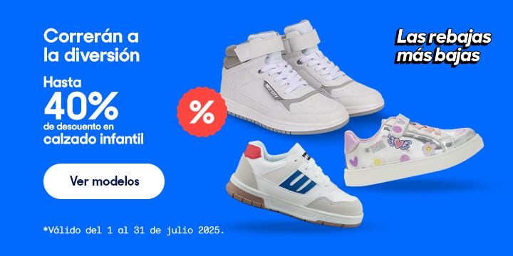 Anuncio: Correrán a la diversión. Hasta 40% de descuento en calzado infantil. Válido del 1 al 31 de julio 2025. Pulsa aquí para conocer modelos.