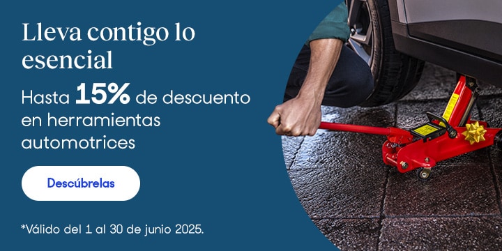 Anuncio: Lleva contigo lo esencial. Hasta 15% de descuento en herramientas automotrices. Válido del 1 al 30 de junio 2025. Pulsa aquí para descubrirlas.