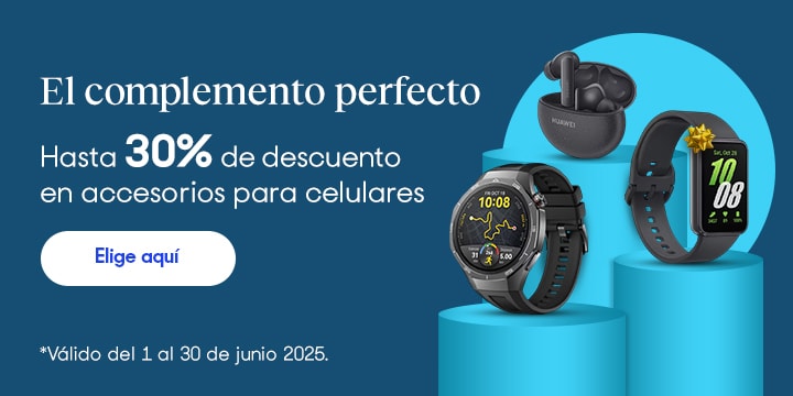 Anuncio: El complemento perfecto. Hasta 30% de descuento en accesorios para celulares. Promoción válida del 1 al 30 de junio 2025. Pulsa aquí para elegir.