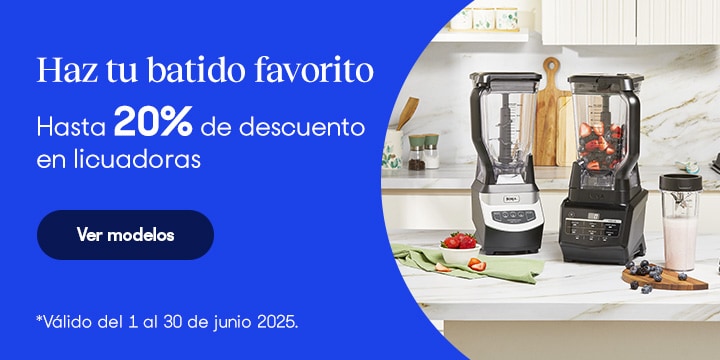 Anuncio: Haz tu batido favorito. Hasta 20% de descuento en licuadoras. Promoción válida del 1 al 30 de junio 2025. Pulsa aquí para descubrir modelos. 