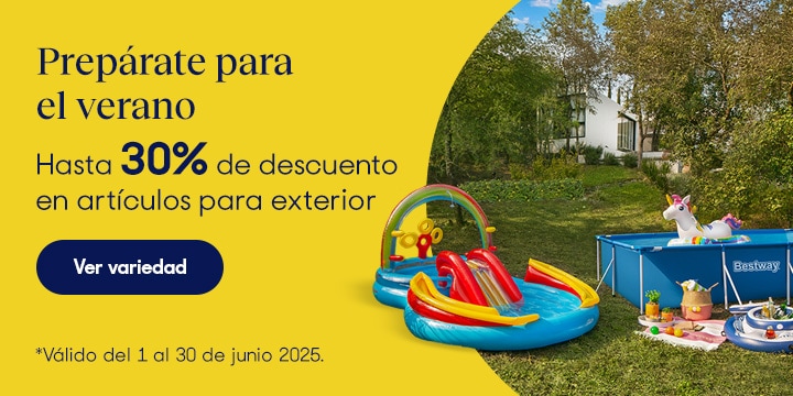 Anuncio: Prepárate para el verano. Hasta 30% de descuento en artículos para exterior. Válido del 1 al 30 de junio 2025. Pulsa aquí para conocer la variedad.