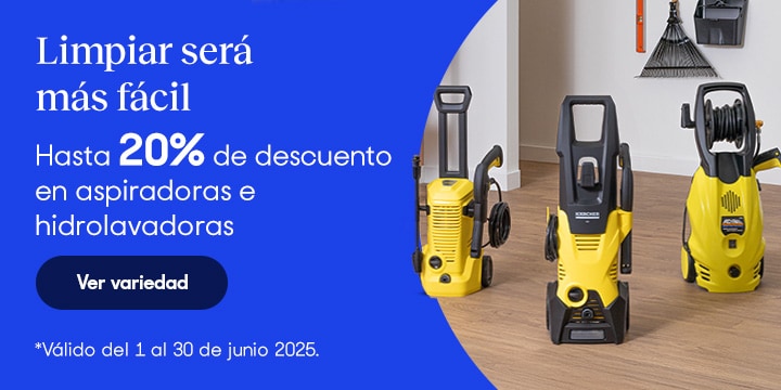 Anuncio: Limpiar será más fácil. Hasta 20% de descuento en aspiradoras e hidrolavadoras. Válido del 1 al 30 de junio 2025. Pulsa aquí para descubrir modelos.