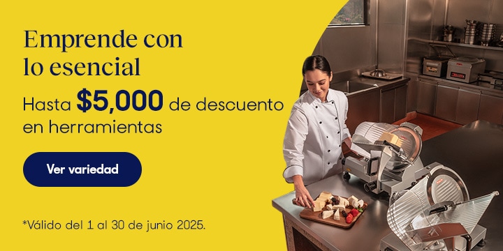 Anuncio: Emprende con lo esencial. Hasta 5 mil pesos de descuento en maquinaria y equipo de negocio. Válido del 1 al 30 de junio 2025. Pulsa aquí para descubrir más.
