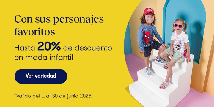 Anuncio: Con sus personajes favoritos. Hasta 20% de descuento en moda infantil. Promoción válida del 1 al 30 de junio 2025. Pulsa aquí para conocer la variedad.