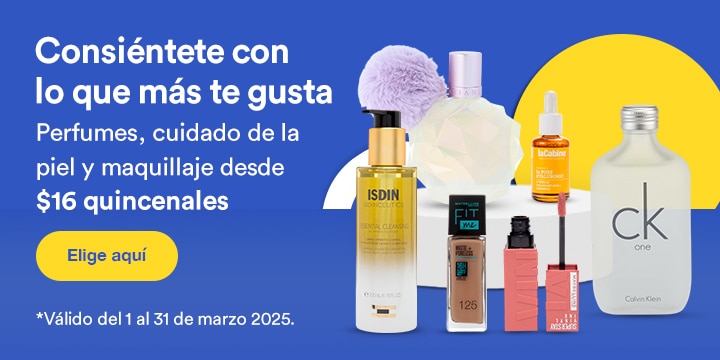 Anuncio: Consiéntete con lo que más te gusta. Perfumes, cuidado de la piel y maquillaje desde 16 pesos quincenales. Promoción válida del 1 al 31 de marzo 2025. Pulsa aquí para elegir.
